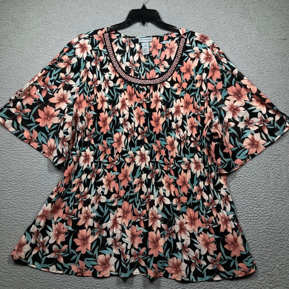 Catherines Tops - Catherines Floral Tunic Blouse Women 3X Black Peach Pleated Split Flutter Sleeve